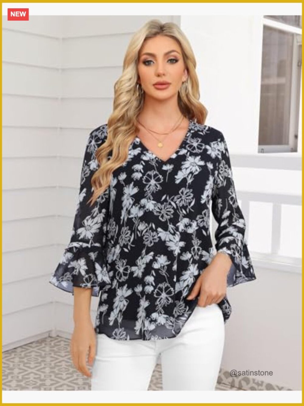 Dressy Casual Tunic with Ruffle 3/4 Sleeves and V-Neck - Picture 3 of 7